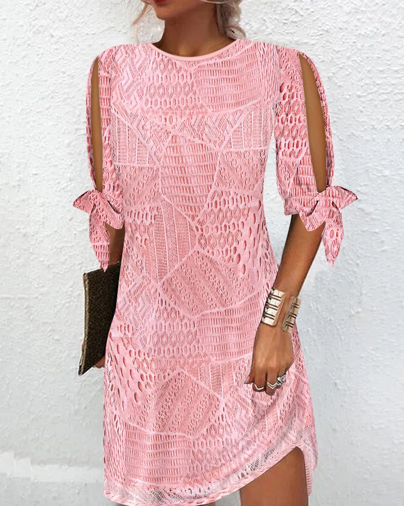 

Cold Shoulder Split Sleeve Casual Lace Dress Solid Color Women High Waist Half Sleeve Hollow Out Mini Dress