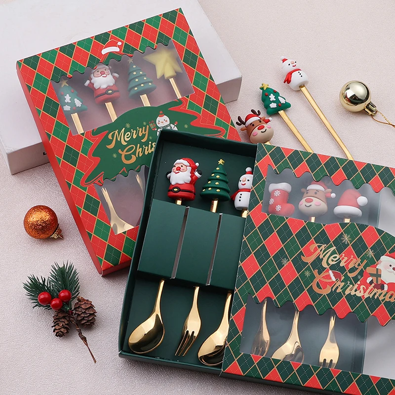 Christmas Fork And Spoon Set Stainless Steel Creative Tableware Coffee Tea Dessert Forks And Spoons Gift Set 2/4Pcs cutlery set western style cutlery set picnic cutlery set stainless steel cutlery set