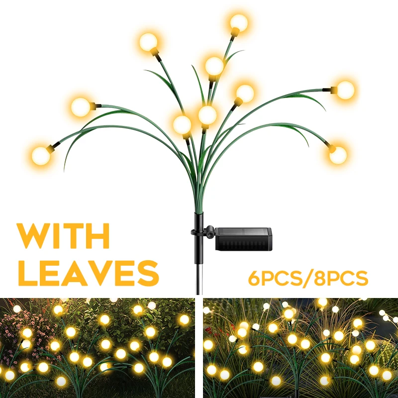 

Upgraded Solar Firefly Lights with Leaf 2 Modes Waterproof LED Garden Lights Sway by Wind Outdoor Pathway Holiday Party Decor