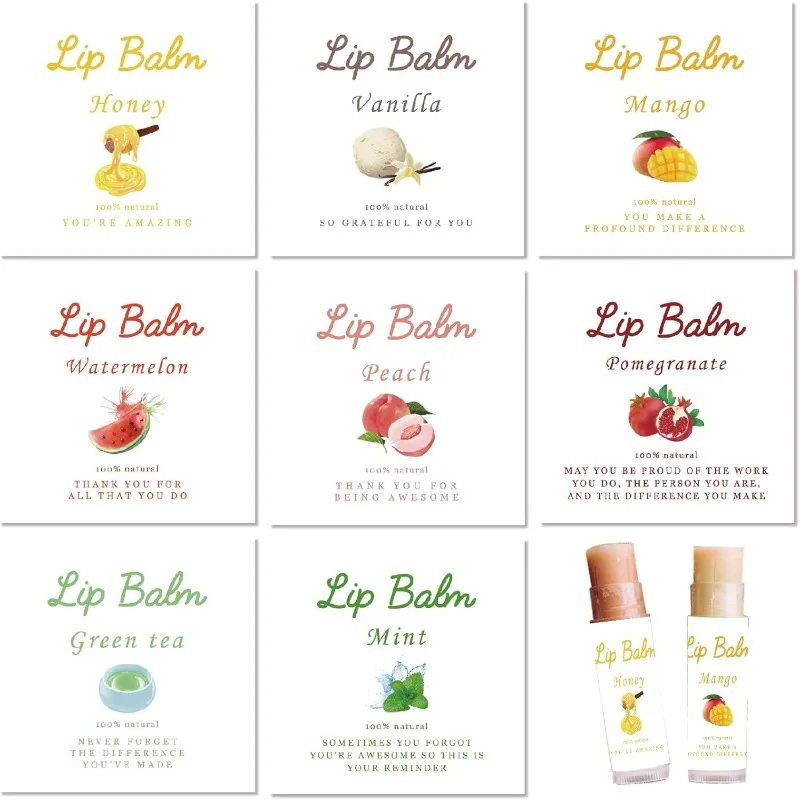 80Pcs 8 Styles Labels for Lip Balm Coated Paper Paster Honey Fruit Square Tubes Lip Balm Labels Stickers Natural Homemade