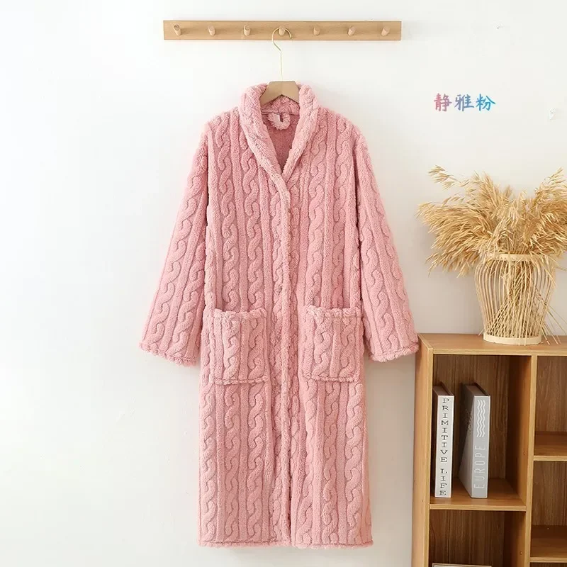 New Autumn/Winter Women's Bathrobe Flannel Thickened Warm Buckle Long Dress Solid Color Nightgown Home Fur Ladies