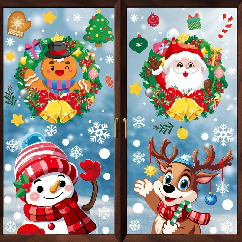 Merry Christmas Window Decoration Stickers Electrostatic Glass Decals Santa Claus Snowman Snow Flake Pattern Xmas Ornaments