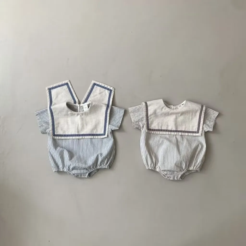 

6754 Korean Newborn Clothes 2023 Summer New Navy Lapel Vertical Stripes Boy's One Piece Clothes Casual Girl's Climbing Clothes