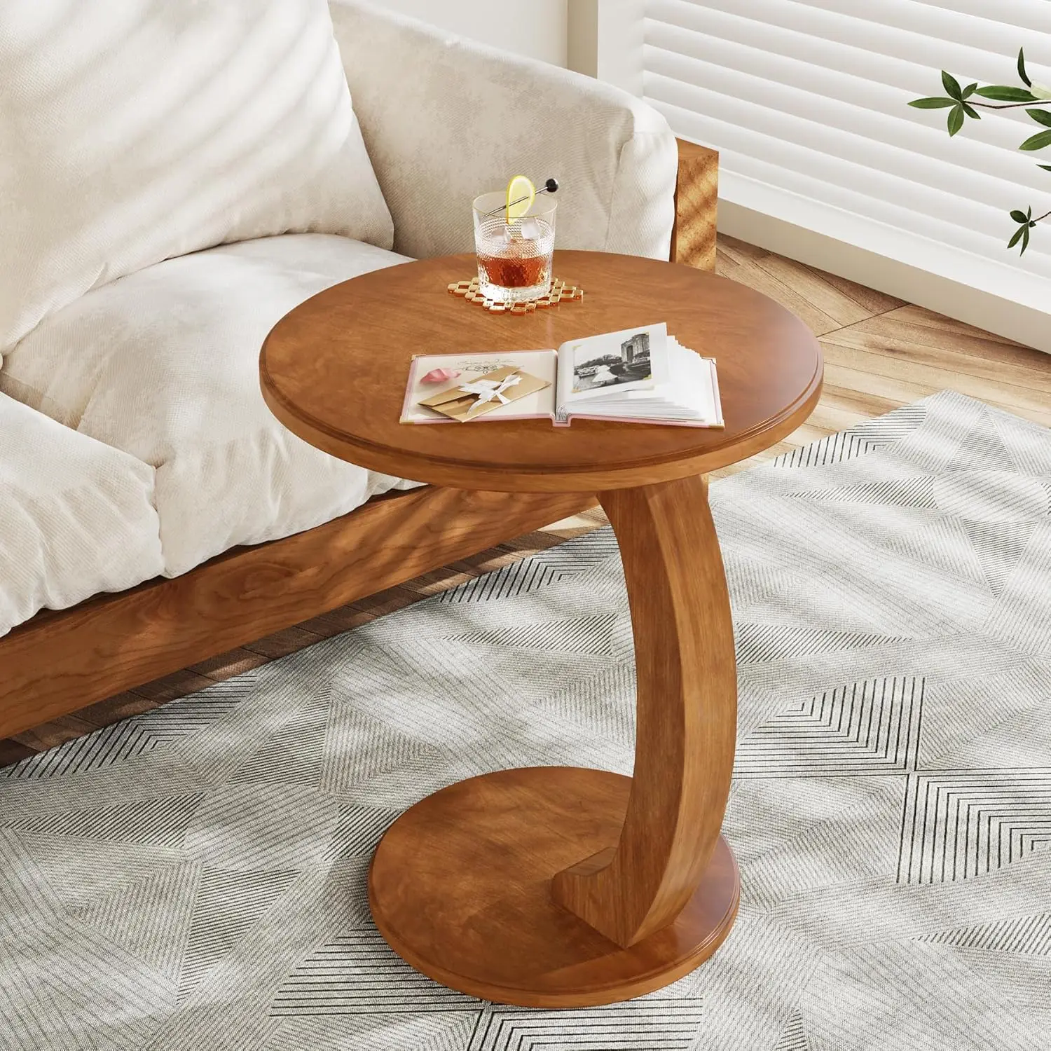 Solid Wood C-Shaped Side Table, Small Couch Side Table, Mid-Century End Table, Retro Side Table, Boho Side Table for Living Room 3