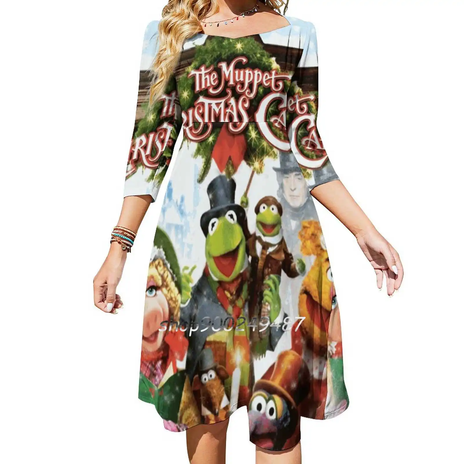 The Christmas Carol Square Neck Dress Sweet Summer Dress Women Elegante Abito Con Stampa Halter The S The Frog Miss Piggy Christmas