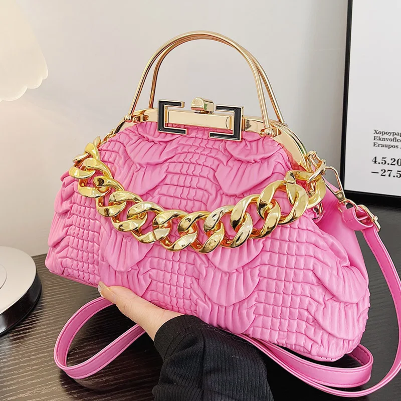 2023 Elegant Women Pink Green Shoulder Bags Gold Thick Chain Crossbody