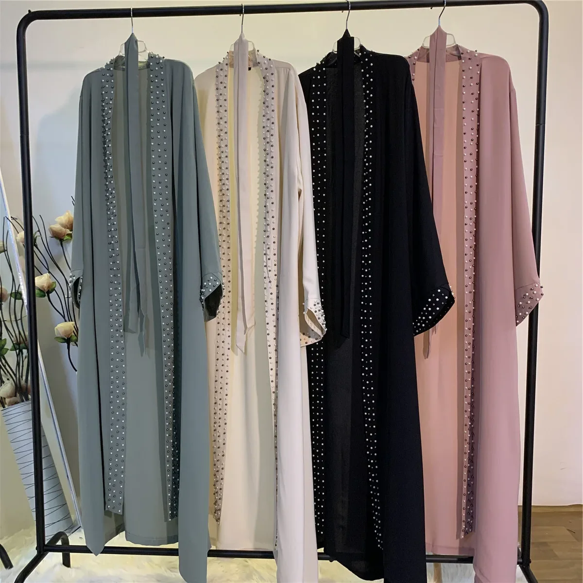 Eid Open Abaya Kimono Turkey Muslim Hijab Dress Plain Beaded Black Abayas for Women Dubai Modest Islamic Clothing Kaftan Robe