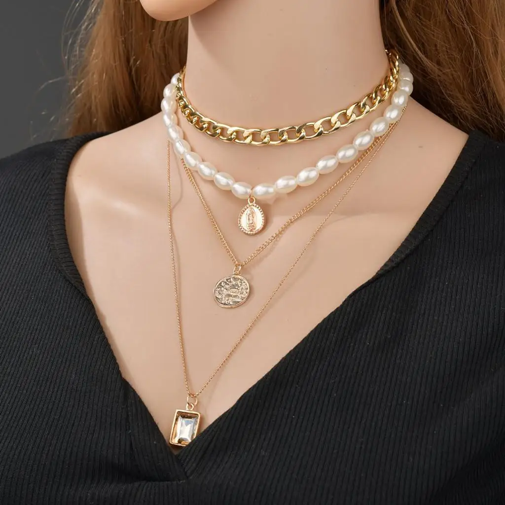 

Women Dainty Layered Choker Necklace Pearl Pendant Adjustable Punk Necklaces Set