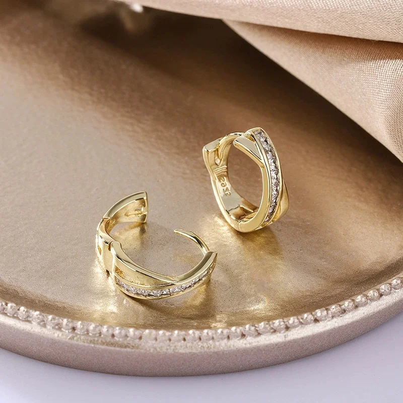 Classic Crossed White Zircon Round Stone Hoop Earrings For Women Vintage Gold Color Ear Buckle Wedding Jewelry Valentine Gifts