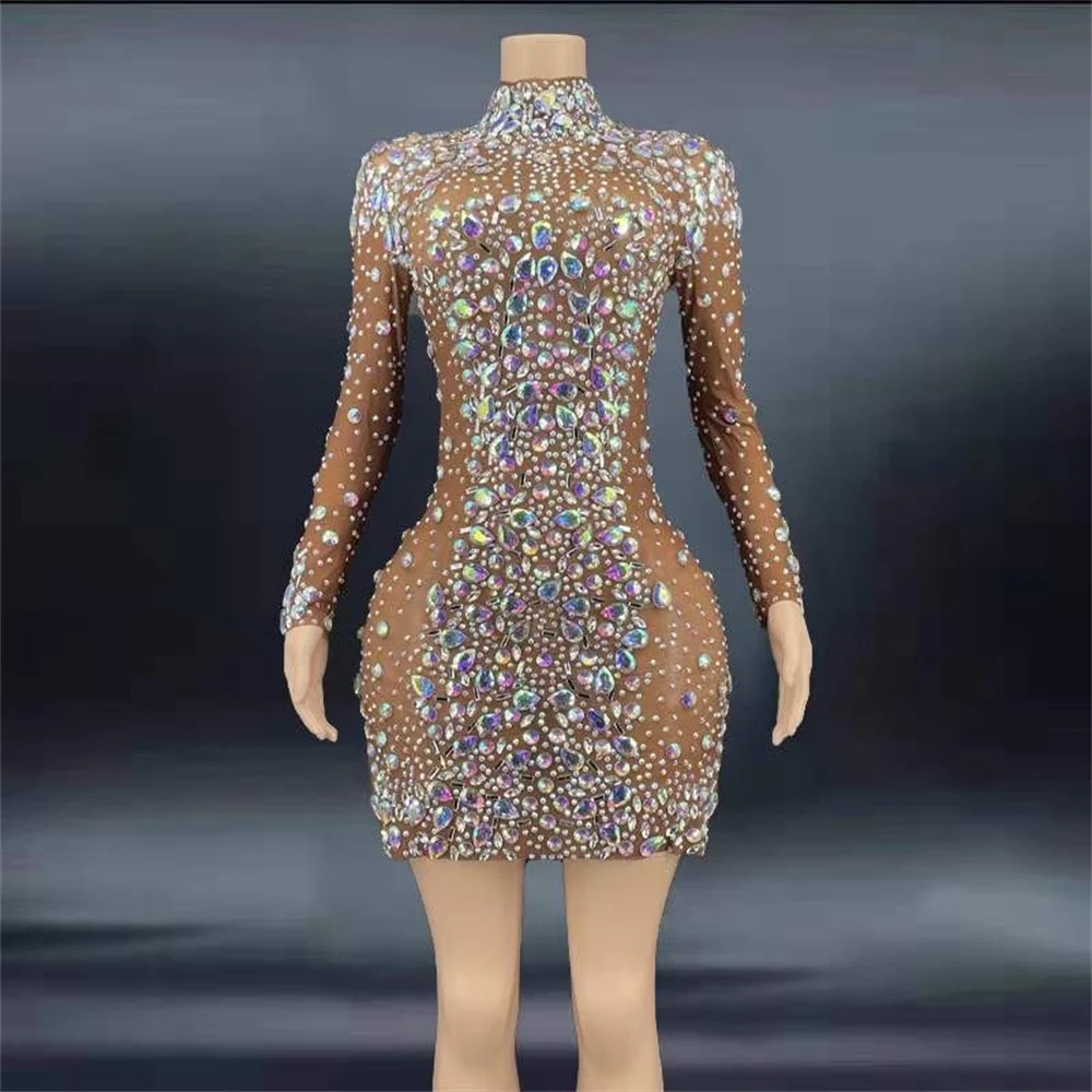 

Brown Shining Rhinestones Sparkly Crystal Long Sleeves High Neck Sexy Women Sheath Dress Nightclub Bar Cloth Stage Costumes
