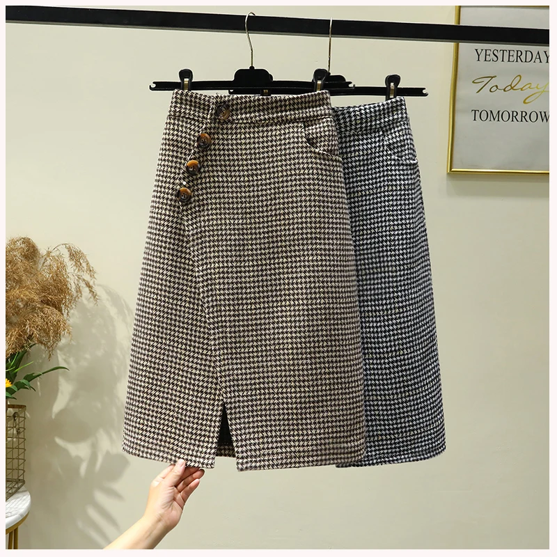 

Women's Autumn and Winter Irregular Breasted Slit One-step Hip Skirt Above The Knee A-line Houndstooth Wool Mid-length Skirt