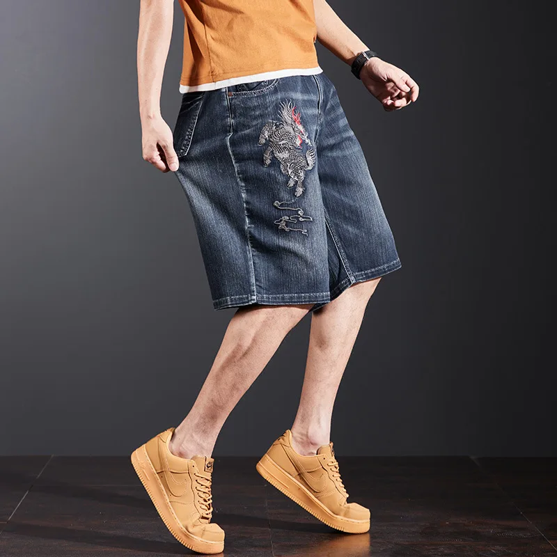 Summer Embroidered Split Denim Shorts Men's Loose Straight Mid pants Thin style Embroidered Cowboy Shorts Plus Size 42 44