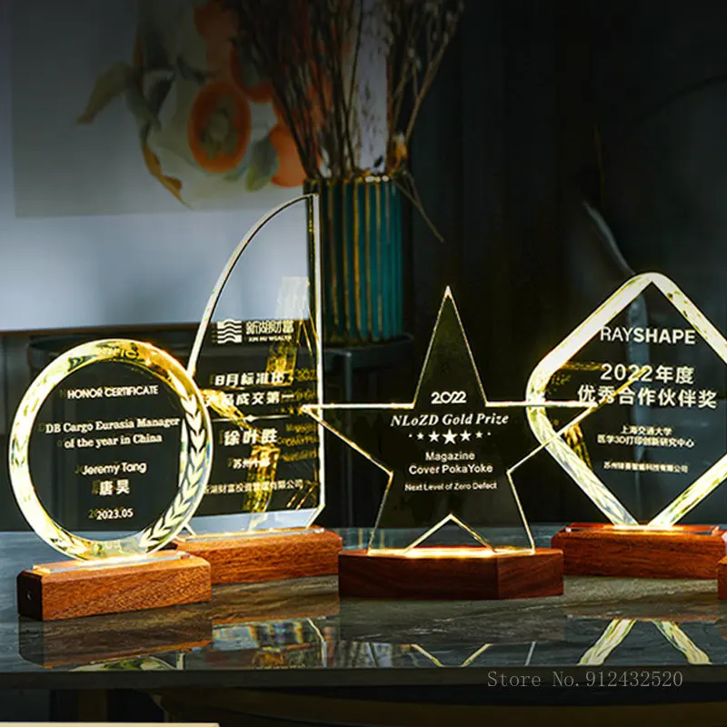 Creative Customized Carving Crystal Trophy, Luminous Wooden Base, Company Annual Meeting Award Plate, Home Decor Souvenir