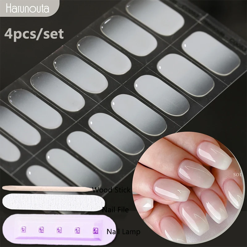Semi Cured Gel Nail Stickers 4Pcs/set Harunouta with Nail Lamp Gradient Jelly Gel Polish UV Cured Kits