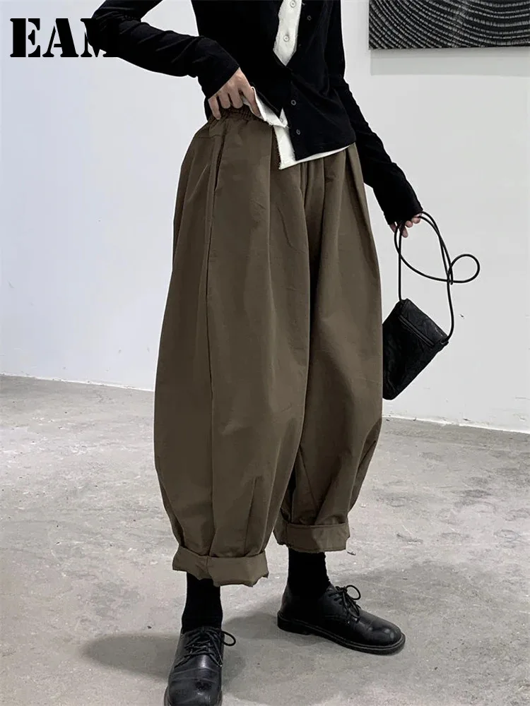 

[EAM] High Elastic Waist Black Brief Long Wide Leg Pants New Loose Fit Trousers Women Fashion Tide Spring Autumn 2024 1DF1077