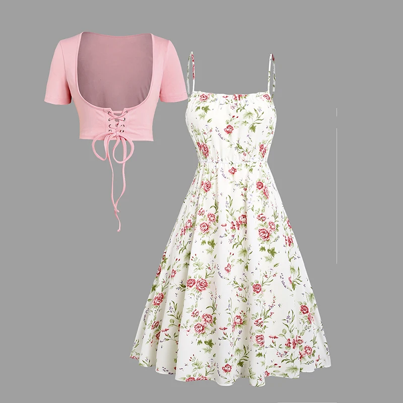 

Womens Dresses Floral Print Waisted Sleeveless Cami Dress And Solid Lace Up Short Sleeve Crop Top Set 2024 New Summer Dress