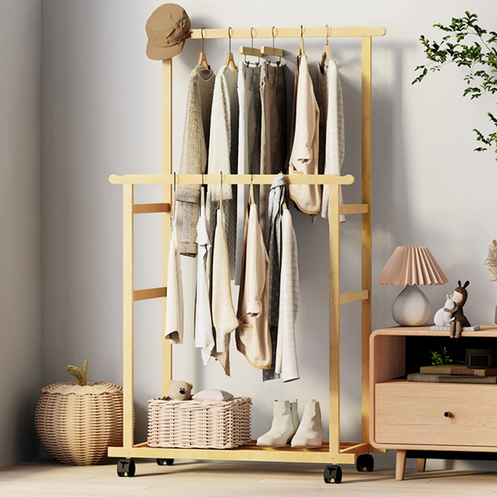 Double Layer Garment Hanging Display Stand Rack, Clothes Rail with Rolling Wheel, Heavy Duty, Wardrobe 3