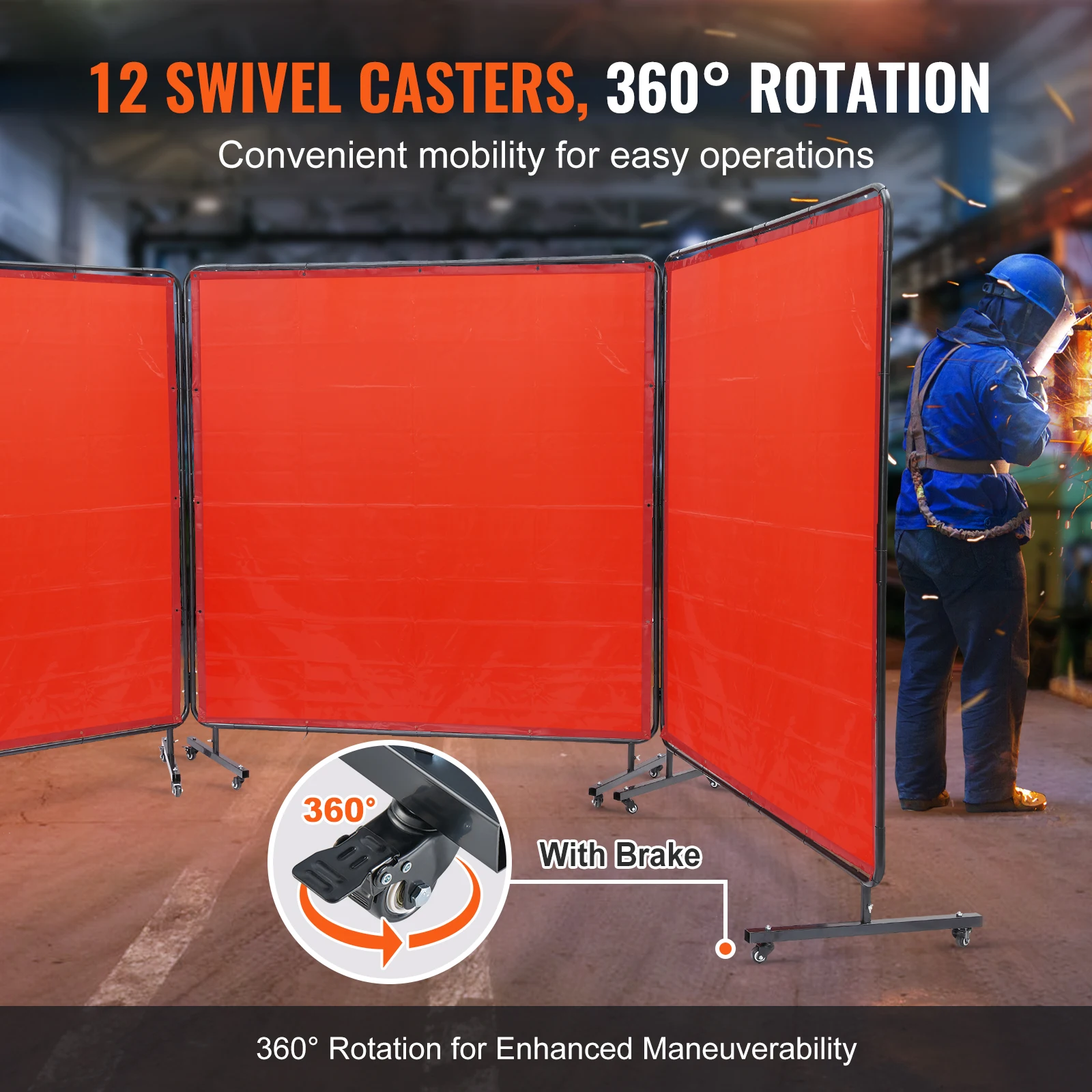 VEVOR Welding Screen with Frame 6' x 8' Flame-Resistant Vinyl 3 Panel Welding Curtain Screens 12 Swivel Wheels for Workshop