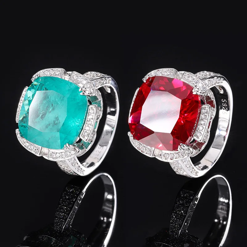 

Charms Gemstone Rings for Women Retro 14*14mm Paraiba Tourmaline Emerald Ruby Wedding Band Party Cocktail Fine Jewelry Wholesale