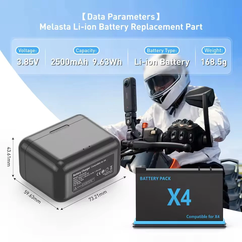 Caméra Action 360° Ultra HD montrant le compartiment batterie ouvert avec quatre piles insérées.