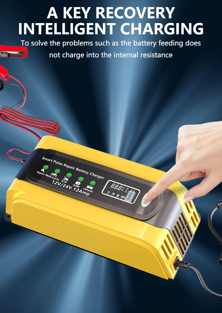 12V 12A 24V 6A Pulse Repair Charger with LCD Display, Motorcycle & Car Battery C