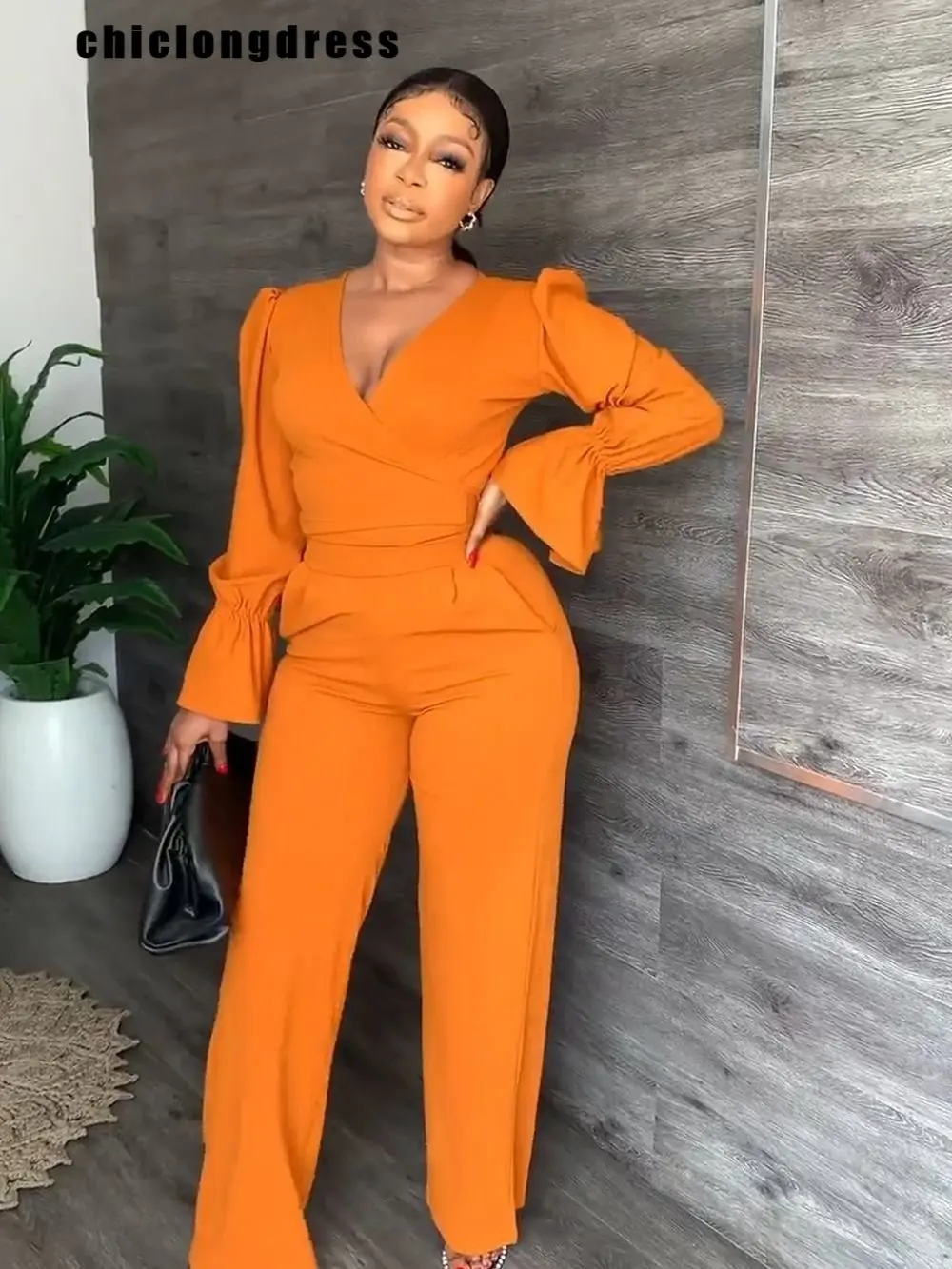 Autumn Two Piece Set African Women Fashion Office Ladies V-neck Flare Sleeve Lace-up Top Straight Pants Two Piece Set for Women summer luxury men s suit pants and shirts2pcs short sleeve suits round neck stripes solid color festival social african menswear