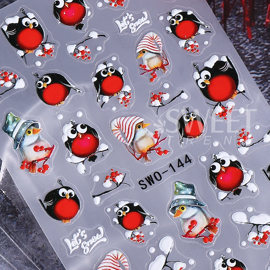 2pcs Christmas Embossed 3D Nail Stickers Cute Robin Bird Snowflake Holly Xmas Tree Adhesive Nail Decals DIY Manicure Decoration