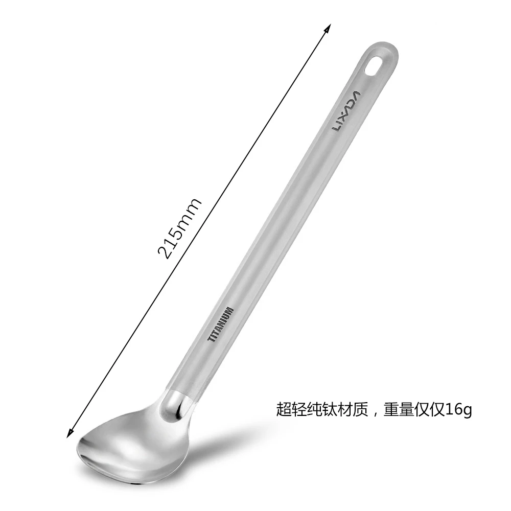 iBasingo Cucchiaio da campeggio con manico lungo in titanio Ti1031T e ciotola lucidata, ultra leggero, per picnic all'aperto, riutilizzabile, da viaggio con gancio