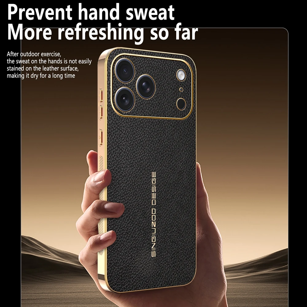 Luxurious Lychee Leather Electroplated Frame Shockproof Phone Case with Back Cover
