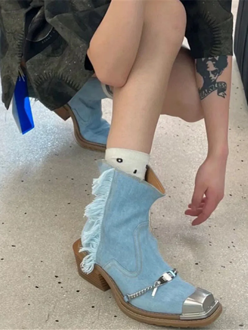 

Metal Square Toe Chain Tassel Cowboy Boots Block Heel Denim Ankle Botines Slip On Catwalk Botas Femininas Women Shoes Zapato