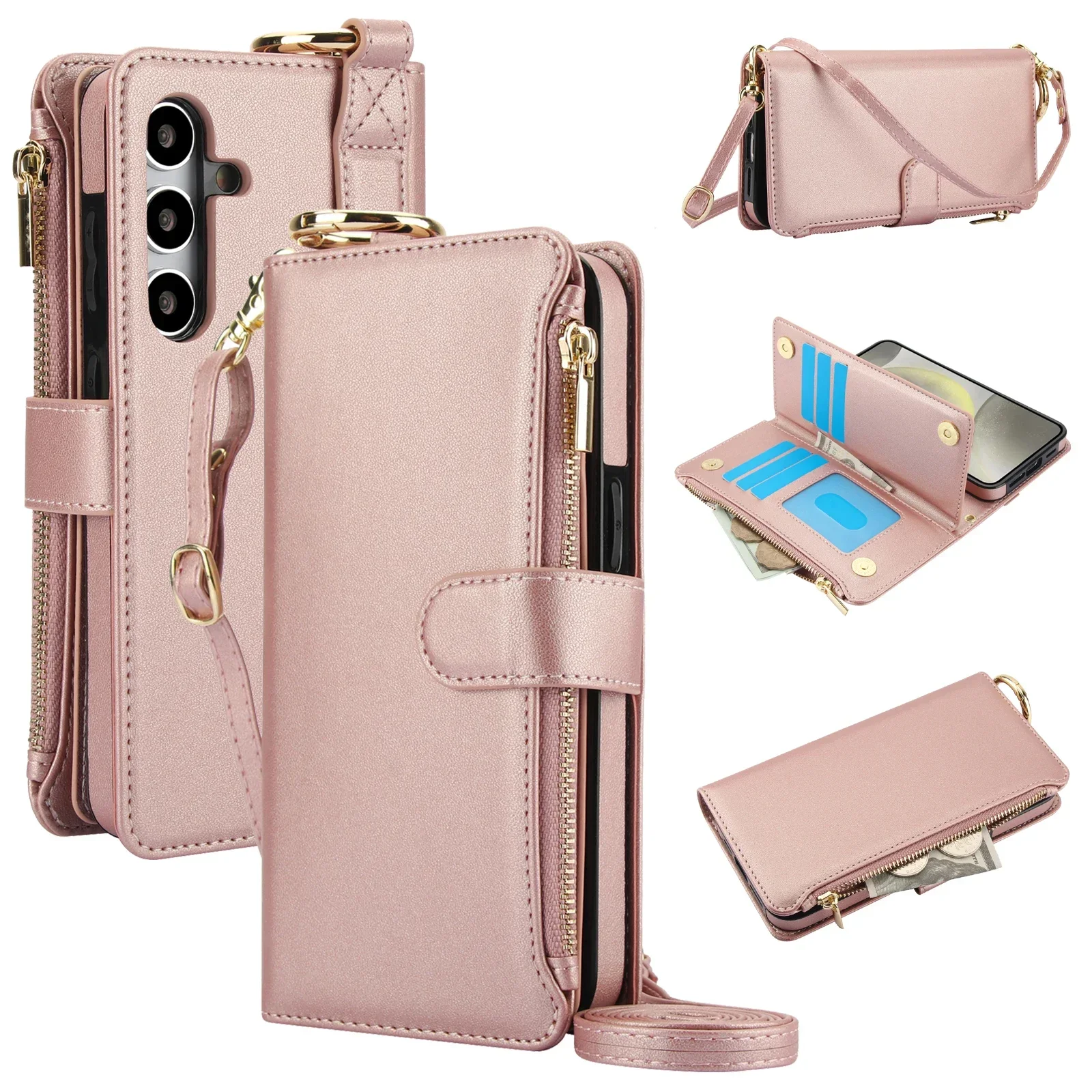 Leather Wallet Case with Ring Lanyard and Card Slots - Zipper Flip Purse Cover