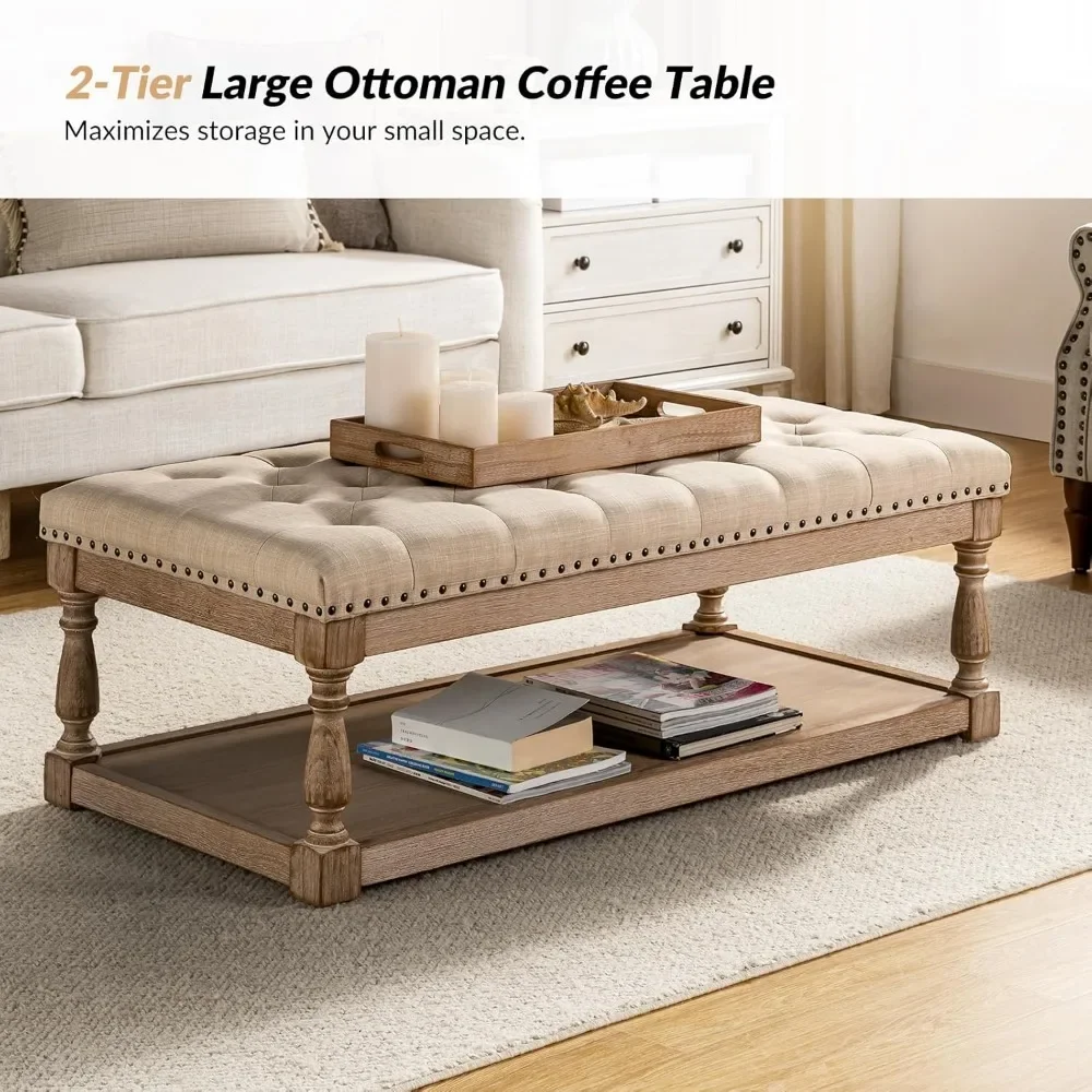 Coffee Table with Tray, Tufted Ottoman with Solid Wood Storage Shelf, Upholstered Large Footrest Ottoman, Living Room Table 3