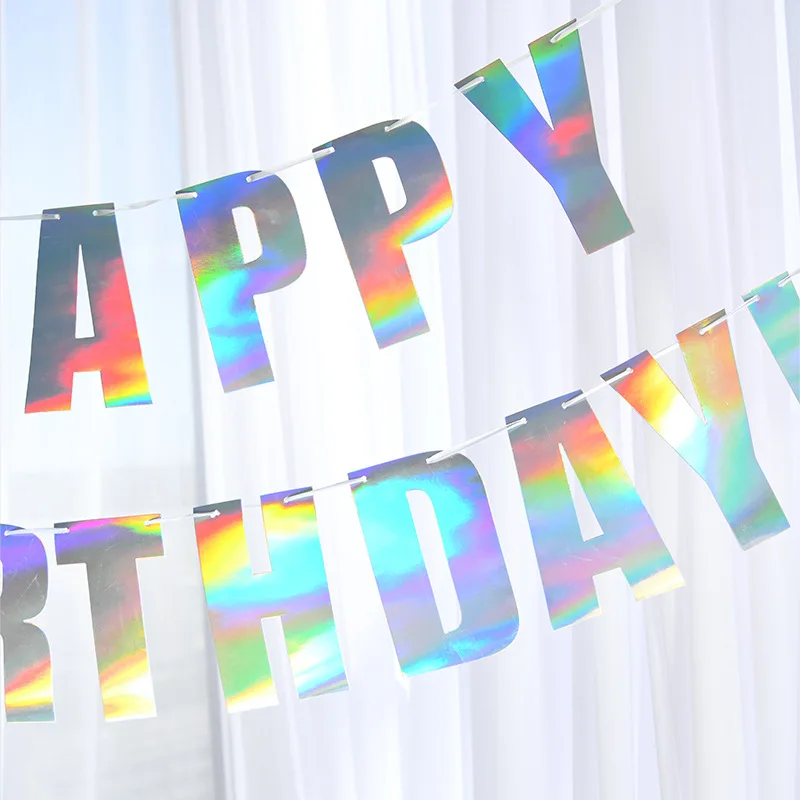 Iridescent Silver Happy Birthday Banner Hanging Garland Kids Birthday Party Decoration Banner Baby Shower 1st Boy Girl