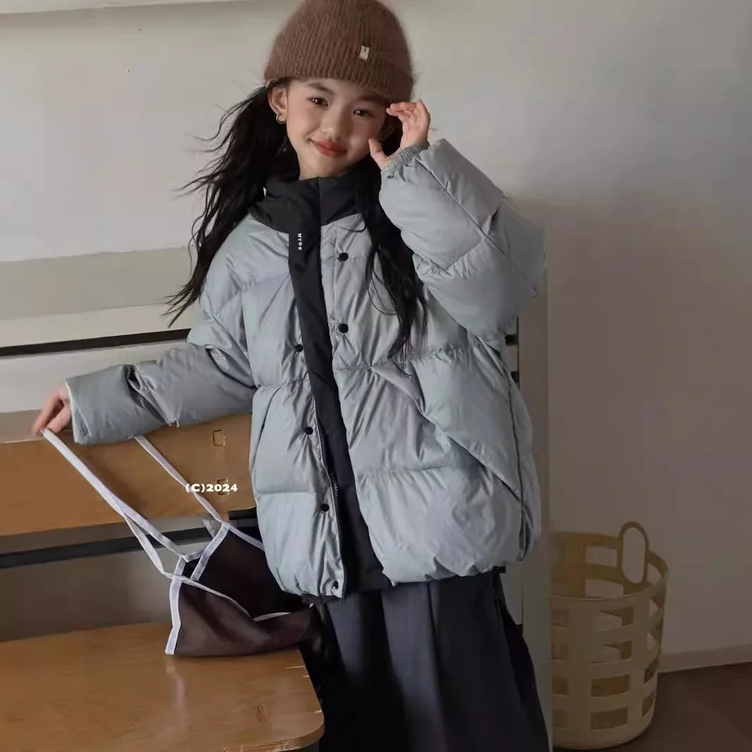 폴라 아동용 패딩 재킷 2025 신상 겨울 캐주얼 루즈핏 유니섹스 후드 숏 스타일 한국 디자인 폴리에스터 원단 화이트 덕다운