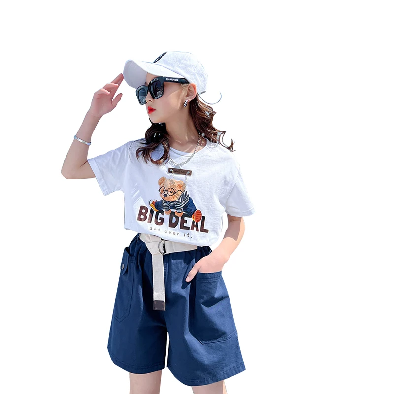 

Kids Outfit Set Girl 2023 Summer Cotton 2 Piece Short Fille + T Shirt Designer Clothes 4 5 6 7 8 10 12 14 Years Teenager Outwear