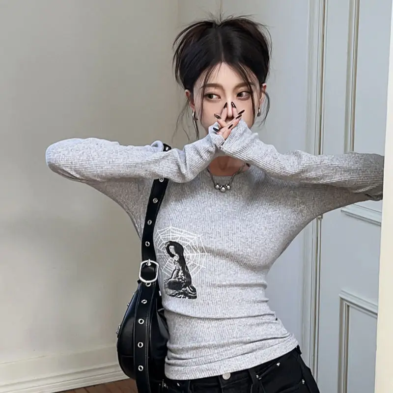 

Женская Винтажная футболка с длинным рукавом, привлекательная облегающая офисная футболка с принтом в стиле Харадзюку, Осень-зима 2023