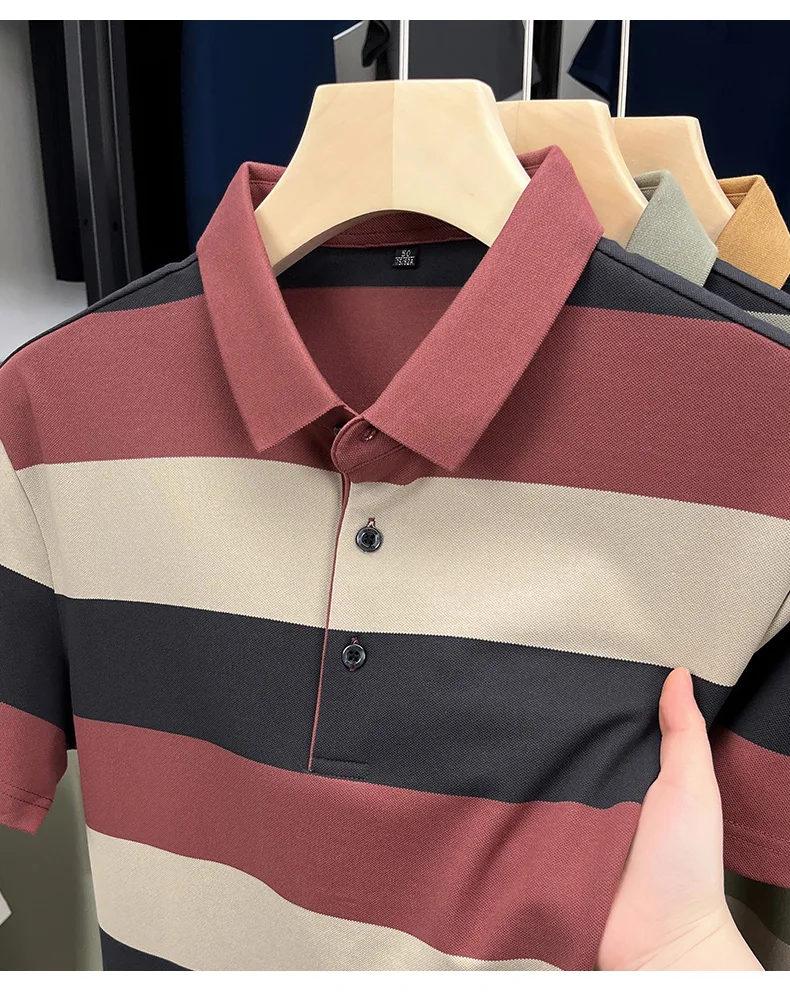 High end fashion men short sleeve polo shirt summer trend stripe men's wear middle-age business casual breathable lapel T-shirt 22 Sf0b30b5659ce48eea9ba4b9b91dee6827