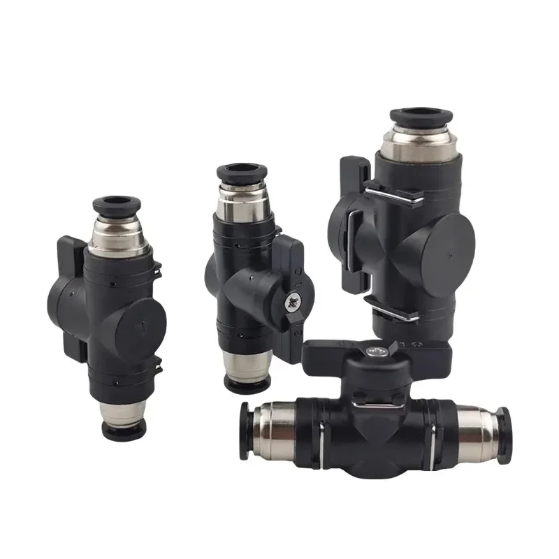 BUC Black Pneumatic Push In Quick Joint Connector Hand Valve-Turn Switch Manual Ball Current Limiting (4mm,6mm 8mm,10mm,12mm)