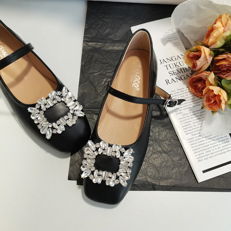 Square Versatile Rhinestone Mary Jane Flats Lolita Designer Zapatos Office Shoes Women Comfortable for Work