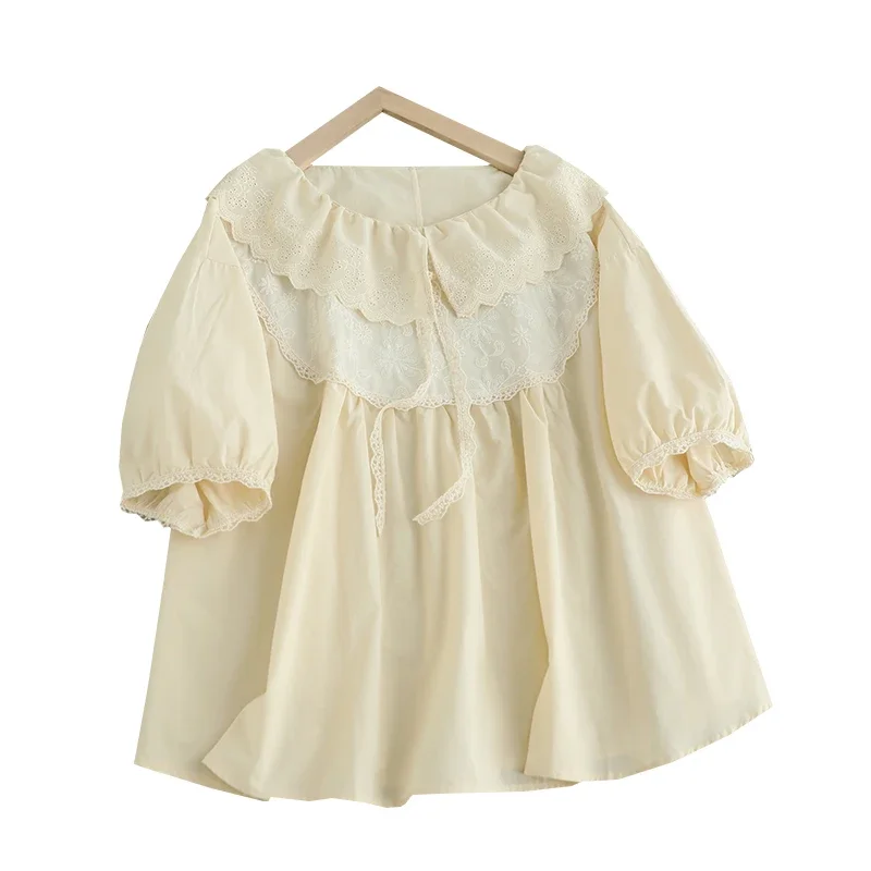 Summer Sweet Mori Girl Lace Embroidered Hollow Out Shirt Women Short Sleeve Ruffle Collar Cute Casual Loose Blouse Tops