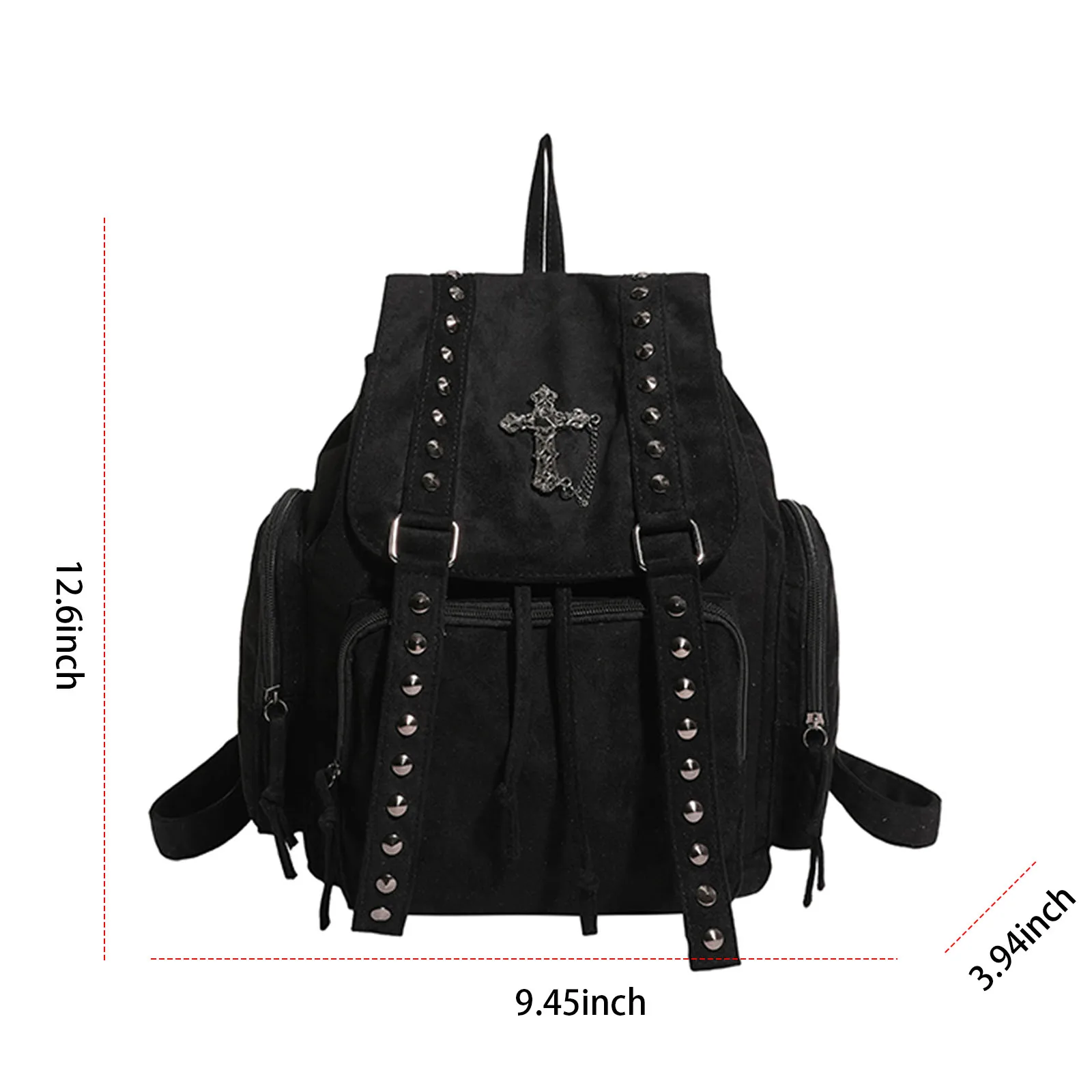 Gothic Punk School Backpack Drawstring Rivets Backpacks Commuter Bags with Cross Stud Design for Casual Travel and Daily Use