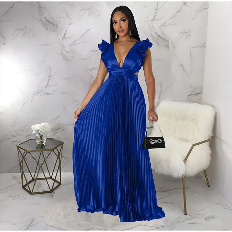 Women Solid Backless Elegant Long Dresses V-neck Pleated A-line Sexy Frock 2023 Spring Summer Evening Party Casual Style Dress