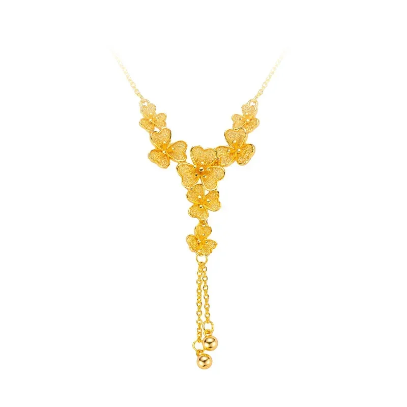 9999 24K Real Yellow Gold Three-Petal Grass Clavicle Necklace, Niche Senior Sense for Trendy Wear