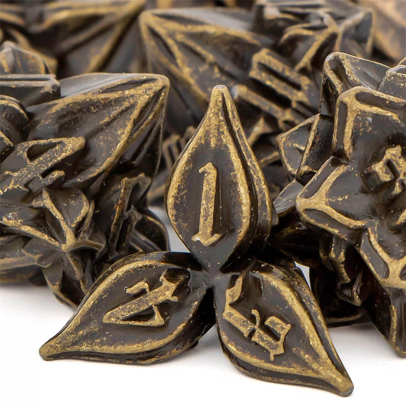 

OUKELANWO 7 Pcs Metal DND Dice Set Dungeon And Dragon Polyhedral Dice Set AncientHandmade RPG Role Playing Leaf Dice