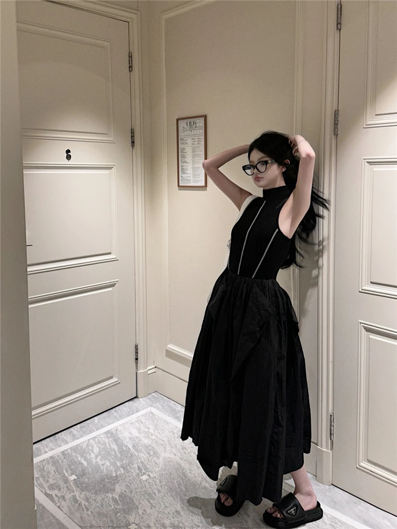 Casual Black Knitted Dresses for Women Sleeveless Vest Dress A-line Casual Korean Fashion Half High Collar Autumn New Vestido