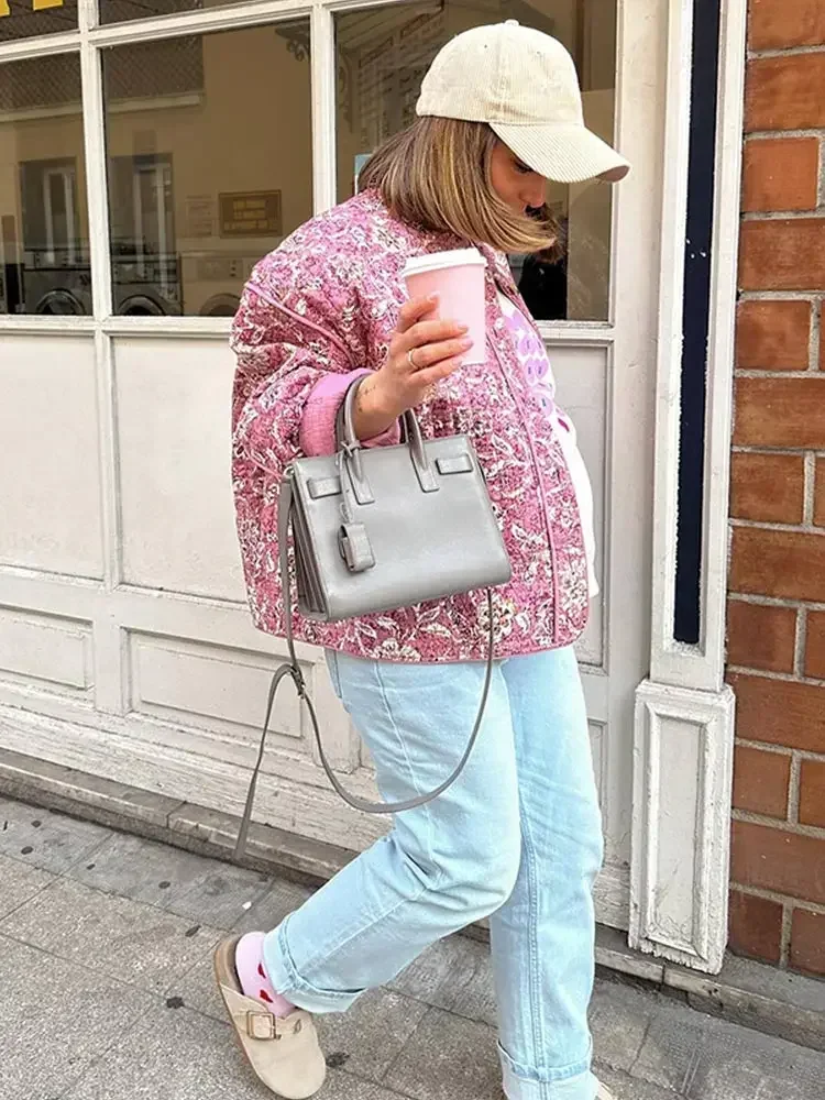 2024 Women's Flower Print Padded Jacket Single Breasted O-Neck Warm Coat Spring Winter Elegant Streetwear