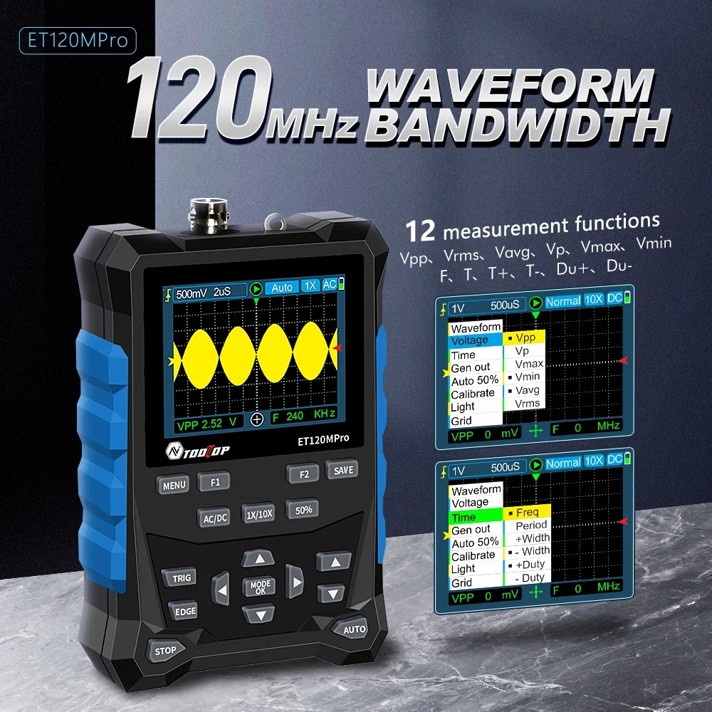 TOOLTOP ET120MPro 120MHz Portable Oscilloscope 500MS/s Fast Sampling Rate Signal Sources 2-in-1 Auto Mini Oscilloscope 3