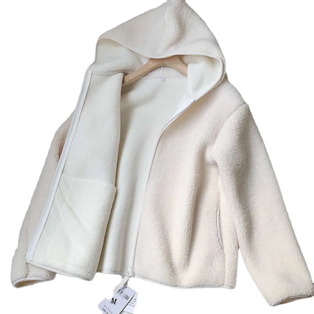 

New Fashion Jacket Women Daily Single Autumn Winter Polar Fleece Imitation Lambswool Zipper Hooded Coat Outwear Clothes