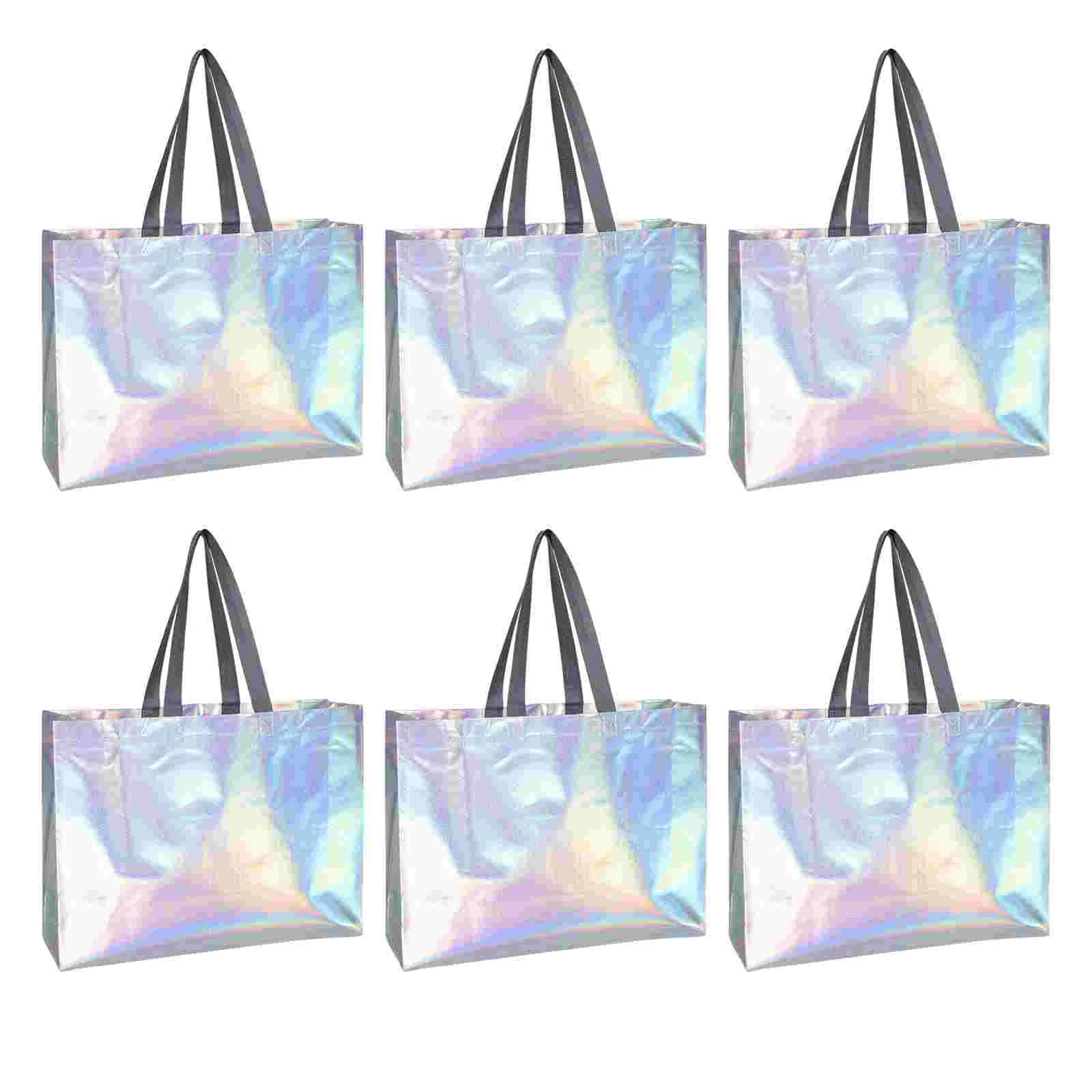 6Pcs Gift Packing Bag Gift Holographic Bags Reusable Party Grocery Iridescent Tote Packaging Welcome Silver Wrapping Foil Goodie