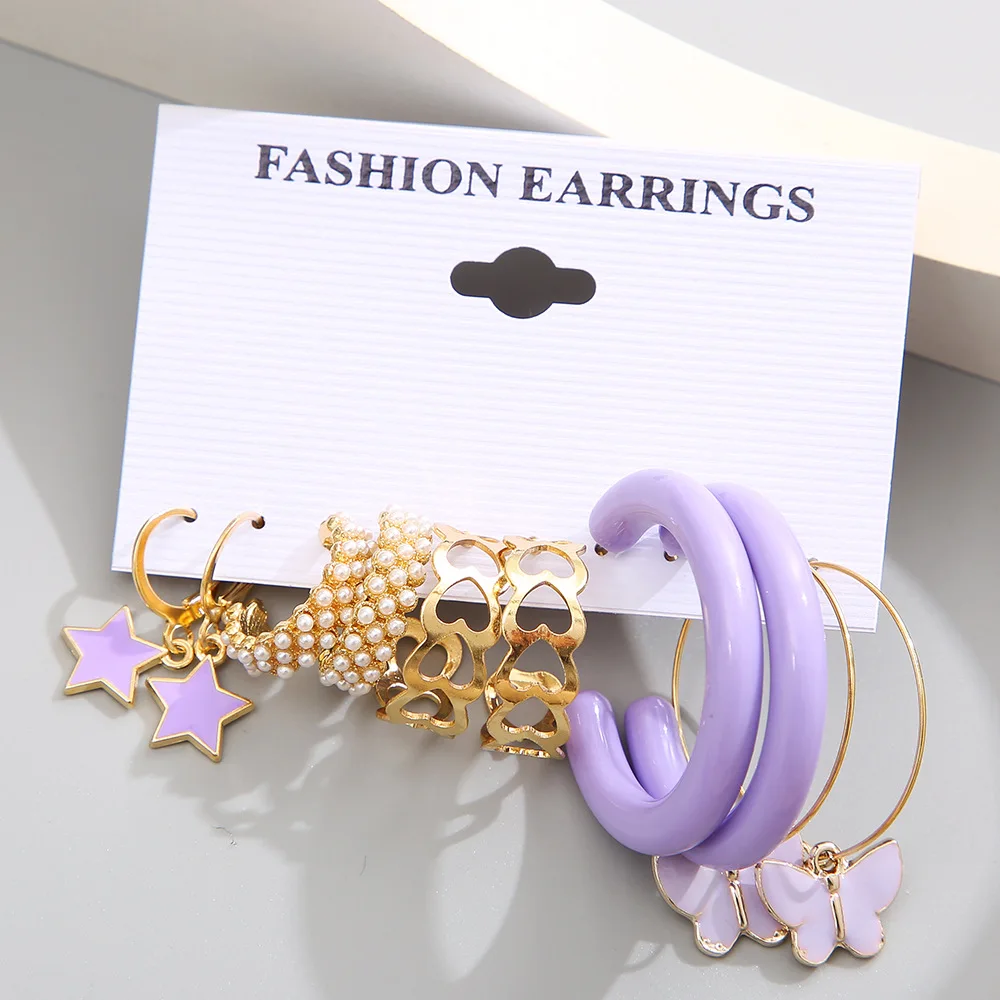 

6 Pairs Purple Earring Set 6-Piece Set C-shaped Hollow Butterfly Dangle Earrings for Women Girls Jewelry for Birthday/Valentine'